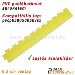 Sárga PVC burkolat szegélyelem, lejtős kialakítással. Sárga PVC burkolat szegélyelem, lejtős kialakítással.
