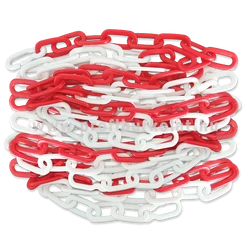 Piros-fehér színű műanyag forgalom korlátozó lánc. Piros-fehér színű műanyag forgalom korlátozó lánc.