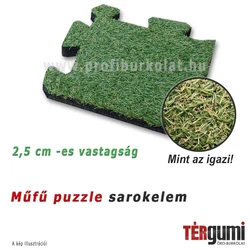 Gumilapra ragasztott, 2,5 cm vastag műfű puzzle sarokelem. Gumilapra ragasztott, 2,5 cm vastag műfű puzzle sarokelem.