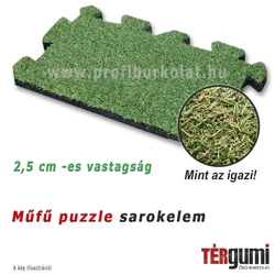 Gumilapra ragasztott, 2,5 cm vastag műfű puzzle szegélyelem. Gumilapra ragasztott, 2,5 cm vastag műfű puzzle szegélyelem.