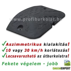 Baloldali, fekete sebességcsökkentő küszöb (fekvőrendőr) végelem. Baloldali, fekete sebességcsökkentő küszöb (fekvőrendőr) végelem.